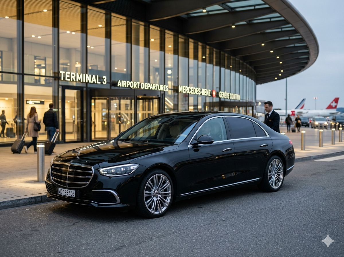 Mercedes Classe E noire Swiss Taxi Nyon à l'aéroport Genève-Cointrin GVA — chauffeur privé Nyon