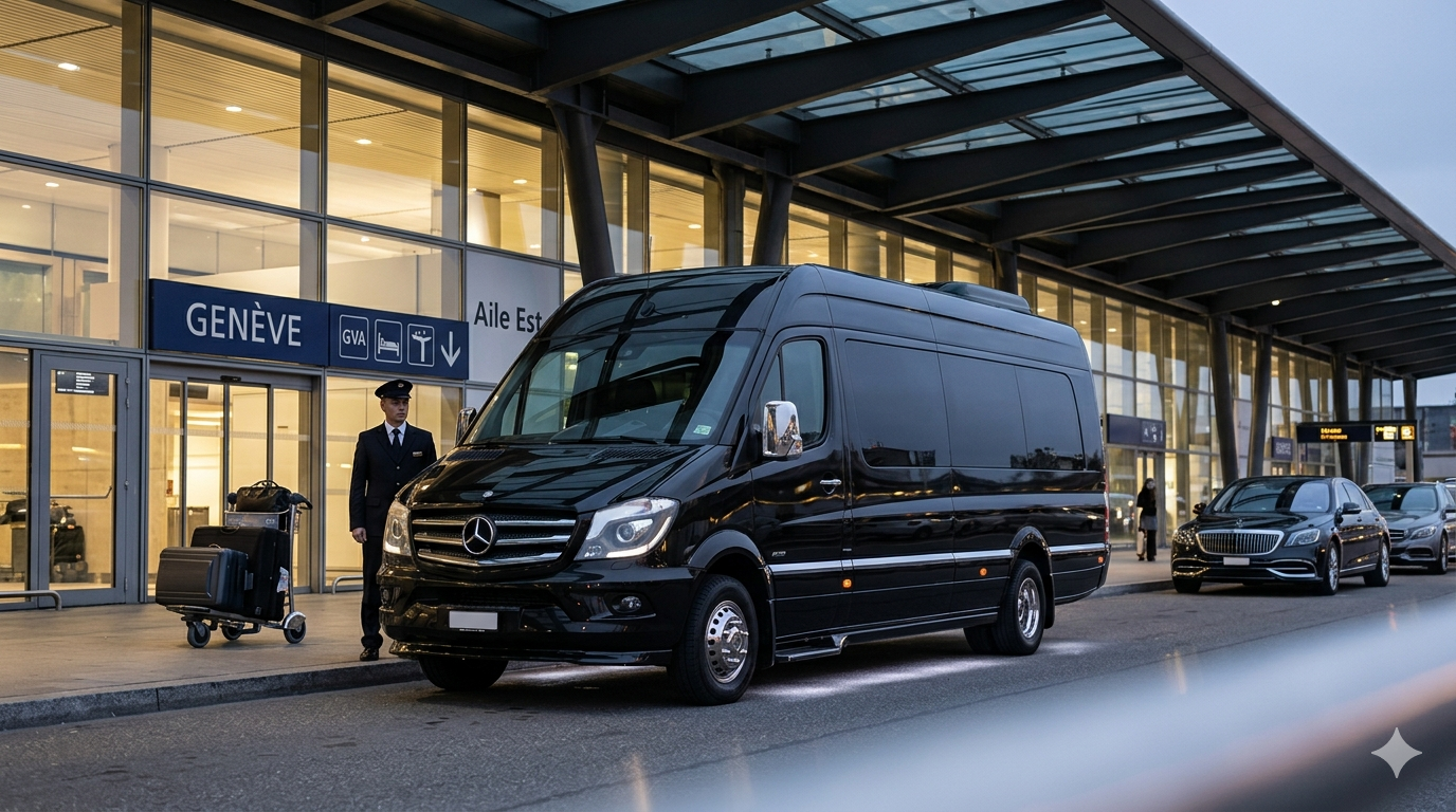 Mercedes Sprinter noir Swiss Taxi Nyon à l'aéroport de Genève GVA — taxi groupe La Côte