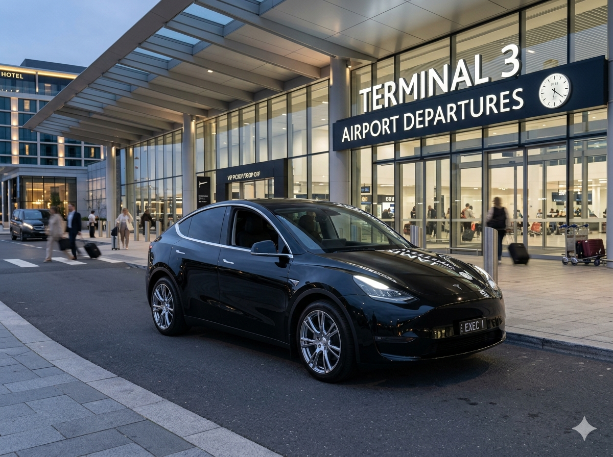 Berline électrique noire Swiss Taxi Nyon VIP Departures — taxi éco silencieux Nyon aéroport Genève GVA